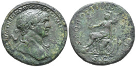 Trajan (98-117). Æ Sestertius (34mm, 24.82g). Rome, c. 108-110. Laureate bust r., slight drapery. R/ Roma, helmeted, in military dress, seated l. on c...