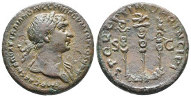 Trajan (98-117). Æ As (28mm, 12.31g). Rome, 107-8. Laureate bust r., slight drapery. R/ Legionary aquila between two signa. RIC II 588 var. (no draper...