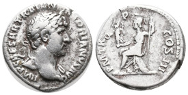 Hadrian (117-138). AR Denarius (17mm, 3.50g). Rome, 121-3. Laureate bust r., with slight drapery. R/ Roma seated l., holding Victory and spear. RIC II...