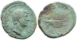 Hadrian (117-138). Æ Sestertius (27mm, 17.90g). Rome, 124-7. Laureate head r. R/ Galley l. RIC II.3 818. Rare, Good Fine