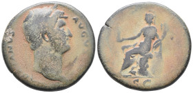 Hadrian (117-138). Æ Sestertius (30mm, 23.77g). Rome, 124-8. Laureate bust r., slight drapery. R/ Roma seated l. on cuirass, foot on helmet, holding V...