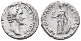 Antoninus Pius (138-161). AR Denarius (16mm, 3.20g). Rome, AD 138. Bare head r. R/ Minerva standing l., holding Victory, spear and shield. RIC III 9; ...