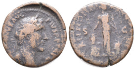 Antoninus Pius (138-161). Æ As (25mm, 9.60g). Rome, AD 154. Laureate head r. R/ Annona standing facing, head r., holding branch and placing hand on ci...