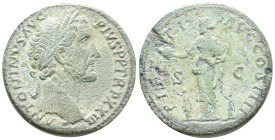 Antoninus Pius (138-161). Æ Sestertius (31mm, 22.29g). Rome, 159-60. Laureate head r. R/ Pietas standing l., holding globe and child; two children at ...