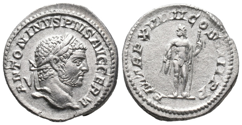 Caracalla (198-217). AR Denarius (20mm, 2.92g). Rome, AD 216. Laureate head r. R...