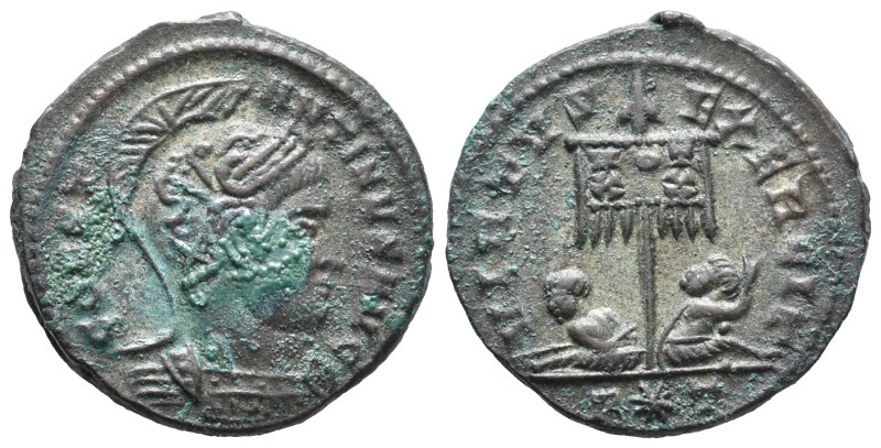 Constantine I (307/310-337). Æ Follis (18mm, 3.66g). Ticinum, 319-320. Helmeted ...