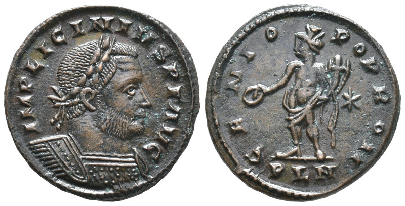 Licinius I (308-324). Æ Follis (23mm, 4.05g). Londinium, 310-2. Laureate, draped...