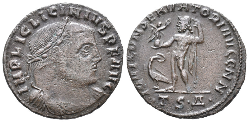 Licinius I (308-324). Æ Follis (22mm, 3.55g). Thessalonica, 312-3. Laureate, dra...