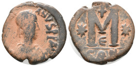 Justinian I (527-565). Æ 40 Nummi (26mm, 15.20g). Constantinople. Diademed, draped and cuirassed bust r. R/ Large M flanked by two stars; CON. Sear 16...