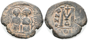 Justin II and Sophia (565-578). Æ 40 Nummi (28mm, 13.00g). Constantinople, year 2. Justin and Sophia, both nimbate, seated facing. R/ Large M; cross a...