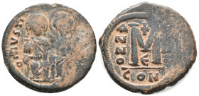 Justin II and Sophia (565-578). Æ 40 Nummi (29mm, 14.60g). Constantinople, year 2. Justin and Sophia, both nimbate, seated facing. R/ Large M; cross a...