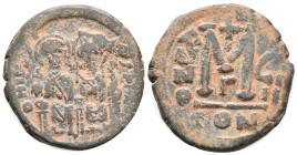 Justin II and Sophia (565-578). Æ 40 Nummi (29mm, 11.11g). Constantinople, year 9. Justin and Sophia, both nimbate, seated facing. R/ Large M; cross a...