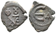 Justin II (565-578). Æ 5 Nummi (13mm, 2.23g). Constantinople. Monogram. R/ Large Є; A to r. Sear 363. VF