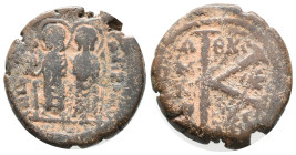 Justin II and Sophia (565-578). Æ 20 Nummi (28mm, 10.06g). Thessalonica. Nimbate figures of Justin and Sophia seated facing on double throne, holding ...