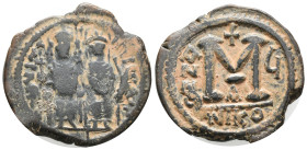 Justin II (565-578). Æ 40 Nummi (29mm, 12.29g). Nicomedia, year 6. Justin and Sophia, both nimbate, enthroned facing; Justin holding globus cruciger a...