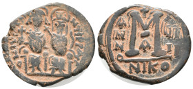 Justin II (565-578). Æ 40 Nummi (20mm, 5.50g). Nicomedia, year 8. Justin and Sophia, both nimbate, enthroned facing; Justin holding globus cruciger an...