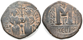 Justin II and Sophia (565-578). Æ 40 Nummi (19mm, 4.13g). Theoupolis (Antioch), year 7. Justin and Sophia enthroned facing, holding globus cruciger an...