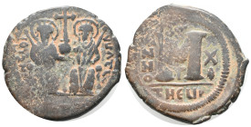 Justin II and Sophia (565-578). Æ 40 Nummi (29mm, 16.90g). Theoupolis (Antioch), year 11. Justin and Sophia enthroned facing, holding globus cruciger ...