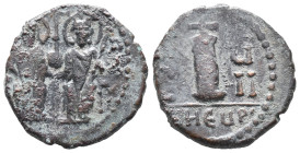 Justin II (565-578). Æ 10 Nummi (16mm, 3.00g). Theoupolis (Antioch), year 8. Justin and Sophia enthroned facing, holding cross on globe between them. ...