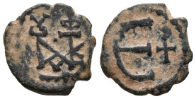 Justin II (565-578). Æ 5 Nummi (13mm, 1.41g). Theoupolis (Antioch). Monogram. R/ Large Є; cross to r. Sear 386. VF