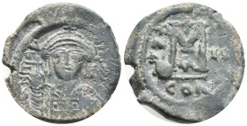 Maurice Tiberius (582-602). Æ 40 Nummi (28mm, 12.56g). Uncertain military mint, year 2. Crowned and cuirassed bust facing, holding globus cruciger and...