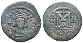 Maurice Tiberius (582-602). Æ 40 Nummi (28mm, 12.82g). Cyzicus, year 2 (583/4). Crowned, draped, and cuirassed bust facing, holding globus cruciger an...