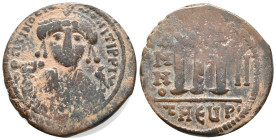 Maurice Tiberius (582-602). Æ 40 Nummi (28mm, 7.66g). Theopolis (Antioch), year 2. Crowned bust facing, wearing consular robes, holding mappa and eagl...