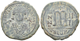 Maurice Tiberius (582-602). Æ 40 Nummi (30mm, 12.57g). Theopolis (Antioch), year 4. Crowned bust facing, wearing consular robes, holding mappa and eag...