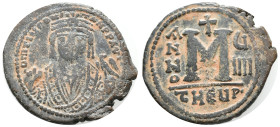 Maurice Tiberius (582-602). Æ 40 Nummi (30mm, 12.21g). Theopolis (Antioch), year 9. Crowned bust facing, wearing consular robes, holding mappa and eag...