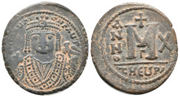 Maurice Tiberius (582-602). Æ 40 Nummi (29mm, 12.00g). Antioch, year 10. Facing bust, holding mappa and sceptre. R/ Large M; date across field; Γ//tHЄ...