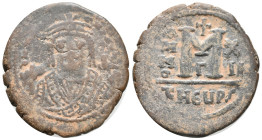 Maurice Tiberius (582-602). Æ 40 Nummi (26mm, 8.46g). Antioch, year 12. Facing bust, holding mappa and sceptre. R/ Large M; date across field; Γ//tHЄU...