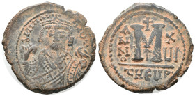 Maurice Tiberius (582-602). Æ 40 Nummi (23mm, 5.56g). Antioch, year 16. Facing bust, holding mappa and sceptre. R/ Large M; date across field; Γ//tHЄU...