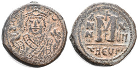 Maurice Tiberius (582-602). Æ 40 Nummi (26mm, 4.17g). Antioch, year 17. Facing bust, holding mappa and sceptre. R/ Large M; date across field; Γ//tHЄU...