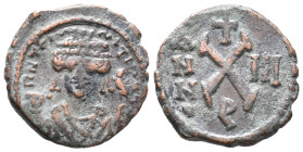 Maurice Tiberius (582-602). Æ 10 Nummi (17mm, 3.00g). Theoupolis (Antioch), year 3. Crowned facing bust, wearing consular robes, holding mappa and eag...