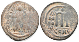 Phocas and Leontia (602-610). Æ 40 Nummi (31mm, 11.60g). Constantinople, year 1 or 2. Phocas, holding globus cruciger, and Leontia, holding cruciform ...