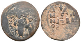 Heraclius with Heraclius Constantine (610-641). Æ 40 Nummi (31mm, 10.70g). Constantinople, year 3. Heraclius, on l. and Heraclius Constantine, on r., ...
