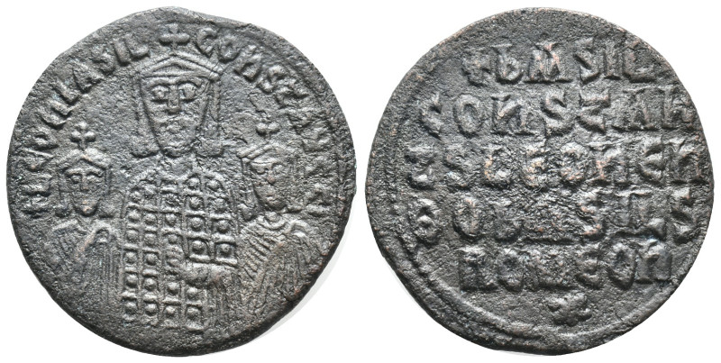 Basil I with Constantine and Leo VI (867-886). Æ 40 Nummi (26mm, 6.85g). Constan...