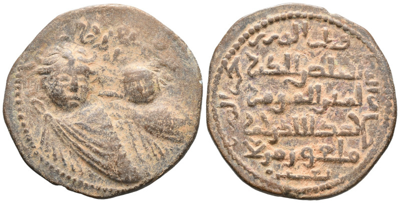 Islamic, Artuqids, Æ (33mm, 14.42g). Two draped busts facing. R/ Legend. VF