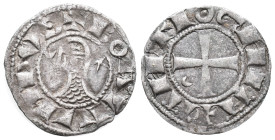 Crusaders, Antioch. Bohémond III (1163-1201). BI Denier (16mm, 1.00g). Helmeted head l.; crescent to l., star to r. R/ Cross pattée; crescent in secon...