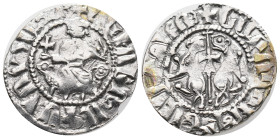 Cilician Armenia, Levon I (1198-1219). AR Tram (21mm, 2.80g). Levon seated facing on lion throne, footstool below. R/ Two lions rampant back-to-back, ...