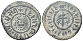 Cilician Armenia, Levon I (1198-1219). Æ Tank (29mm, 7.24g). Crowned leonine head facing slightly r. R/ Patriarchal cross; five-pointed star to l. and...