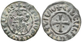 Cilician Armenia, Hetoum I (1226-1270). Æ Tank (31mm, 5.57g). Hetoum seated facing on throne decorated with lions, holding lis-tipped sceptre and glob...