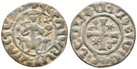 Cilician Armenia, Hetoum I (1226-1270). Æ Tank (28mm, 5.82g). Hetoum seated facing on throne decorated with lions, holding lis-tipped sceptre and glob...