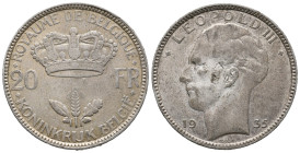 Belgium, 20 Francs 1935 (27mm, 11.00g). VF