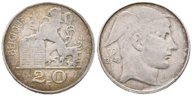 Belgium, 20 Francs 1949 (26mm, 8.00g). VF
