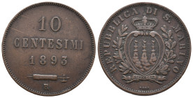 San Marino, 10 Centesimi 1893 (28mm, 9.85g). Good VF