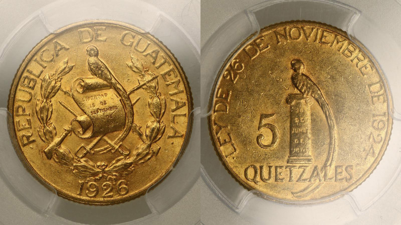 Guatemala. 5 quetzal 1926. PCGS MS62. AGW 0,2419 oz. 0,900. 8,36 g.