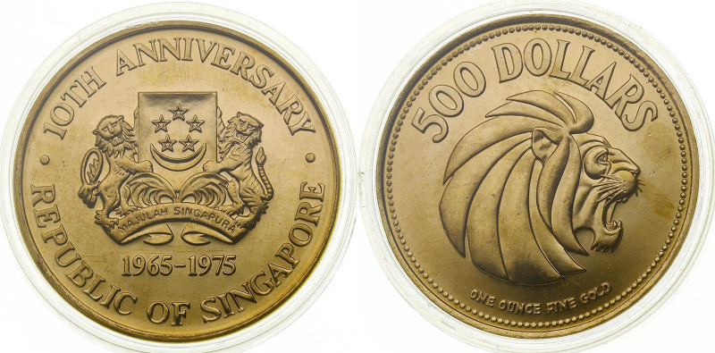 Singapore. 500 dollars in 1975. AGW 1,0 oz. 0,900. 34,559 g. 10 years of indepen...