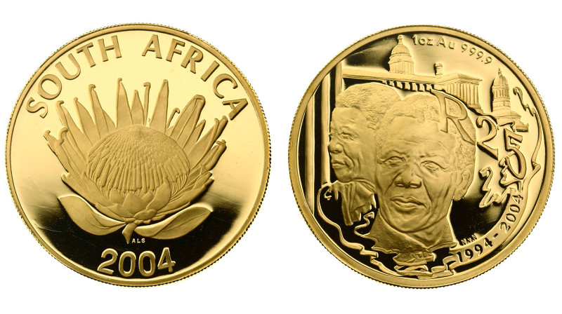 South Africa. 25 rand 2004. Proof. AGW 1,0 oz. 0,999. 31,107 g. Nelson Mandela. ...