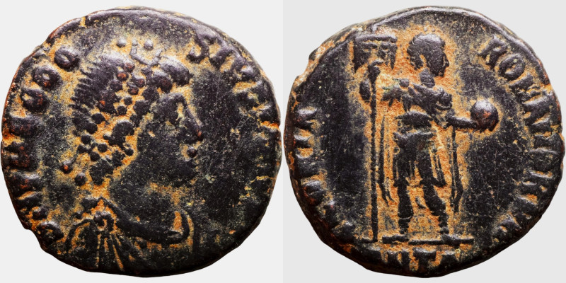 Theodosius I (379-395) AE Obv: D THEODOSIVS P F AVG, diademed, draped, and cuira...